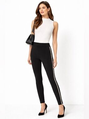 ZARA Black Rhinestone Side Stripe Pants Slim Stretch Pull On Career Chic Large